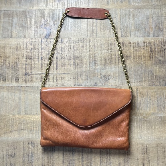 J CREW Cognac Leather Clutch Bag with Chain Strap Leather Convertible Chic - Picture 2 of 16